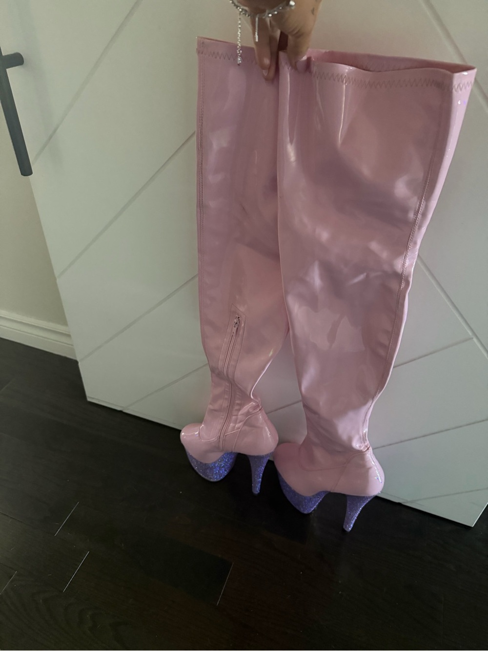 Pleaser Pink Patent Over-the-Knee Boots with Lavender Glitter Heels